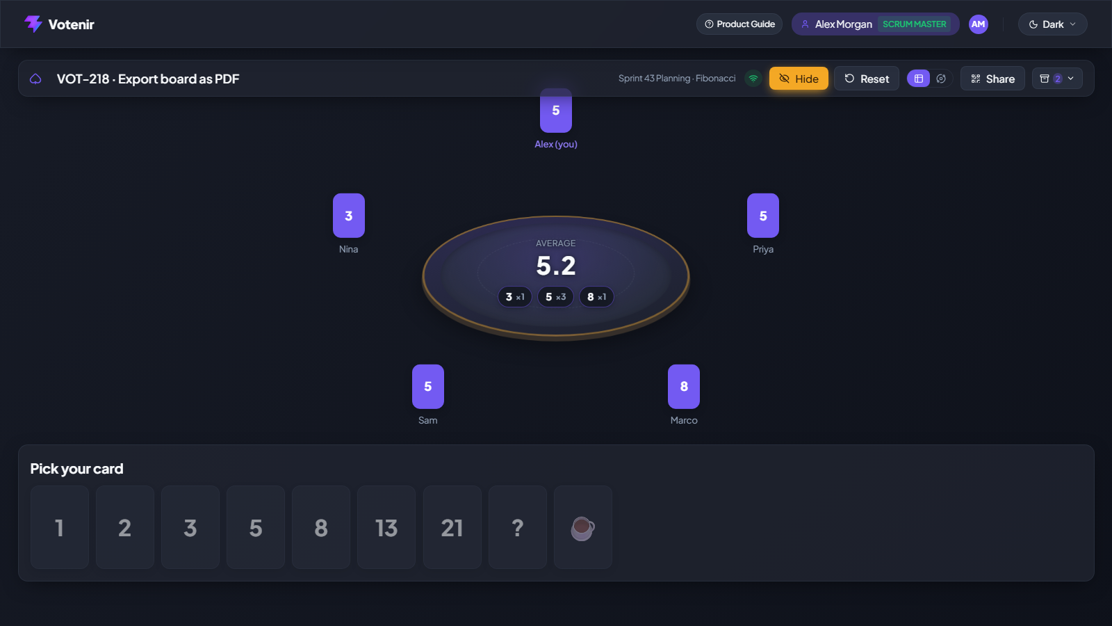 Votenir planning poker table